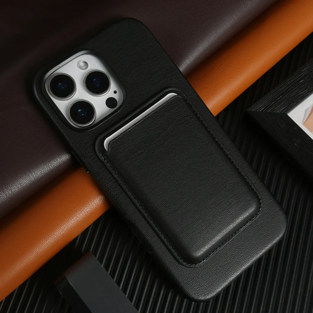 Bio-based leather phone case with card holder and magnetic ring