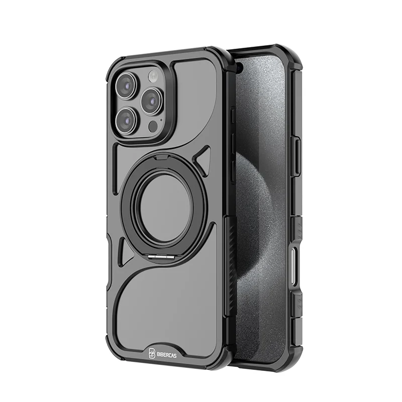Hollow-out magnetic phone case with rotating ring stand