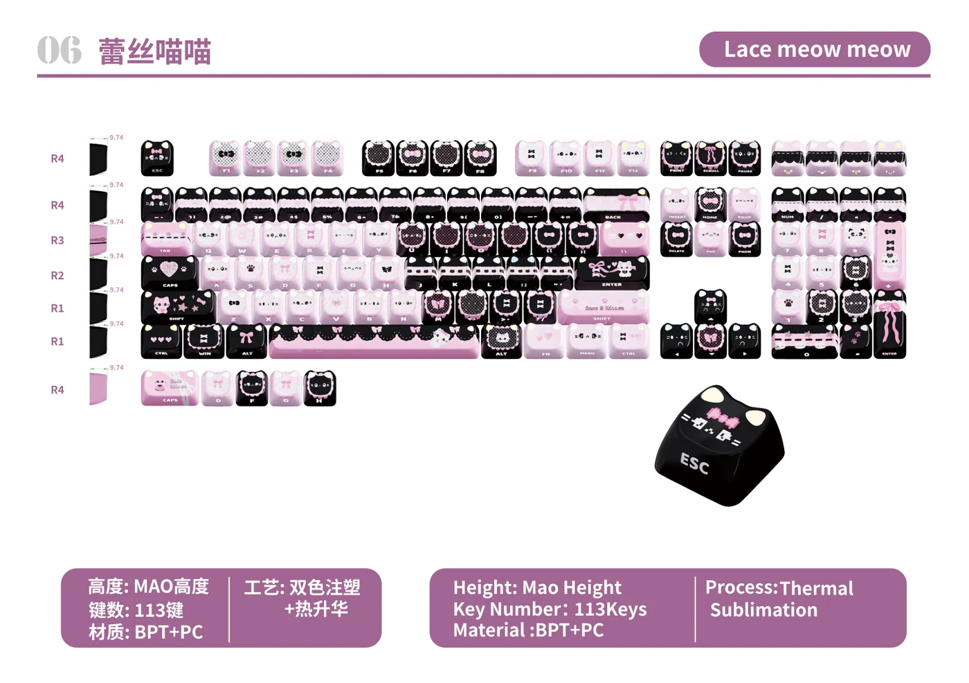 Lace Mew Mew Keycap Set keycap layout and specifications