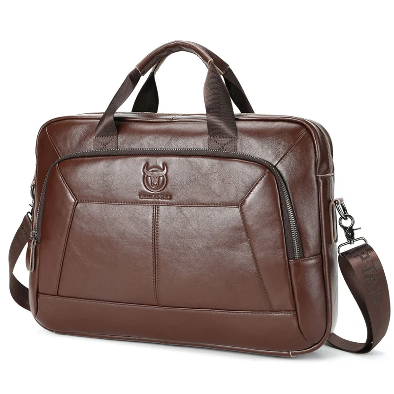 BULLCAPTAIN Top Grain Cowhide Leather Briefcase Large Capacity Business Men Messenger Bag for 16 Inch Laptop - 061 Brown - 1