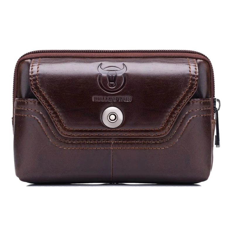 BULLCAPTAIN Horizontal Smartphone Pouch for 5.5-6.44" Cell Phones Genuine Cowhide Leather Waist Phone Bag - Brown - 1