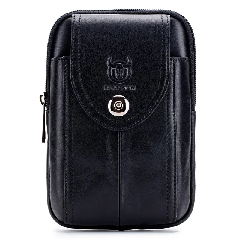 BULLCAPTAIN Vertical Mobile Phone Pouch with Hook for 5.5-6.44" Cell Phones Genuine Cowhide Leather Waist Phone Bag - Black - 1