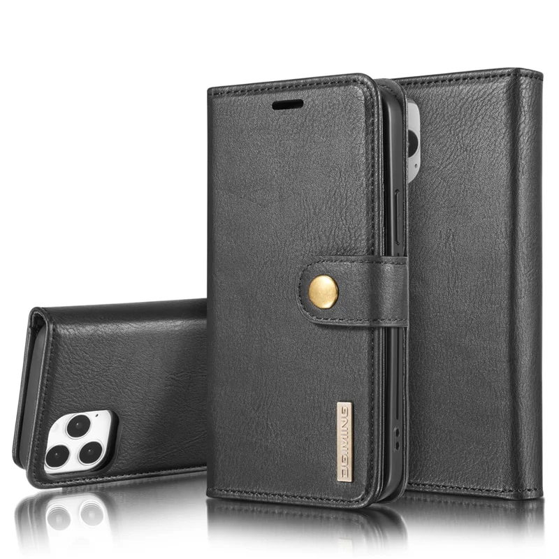 DG.MING Detachable 2-in-1 Split Leather Wallet Shell + PC Back Case Anti-scratch Phonr Shell Covering for iPhone 12 Pro / 12 - Black - 1
