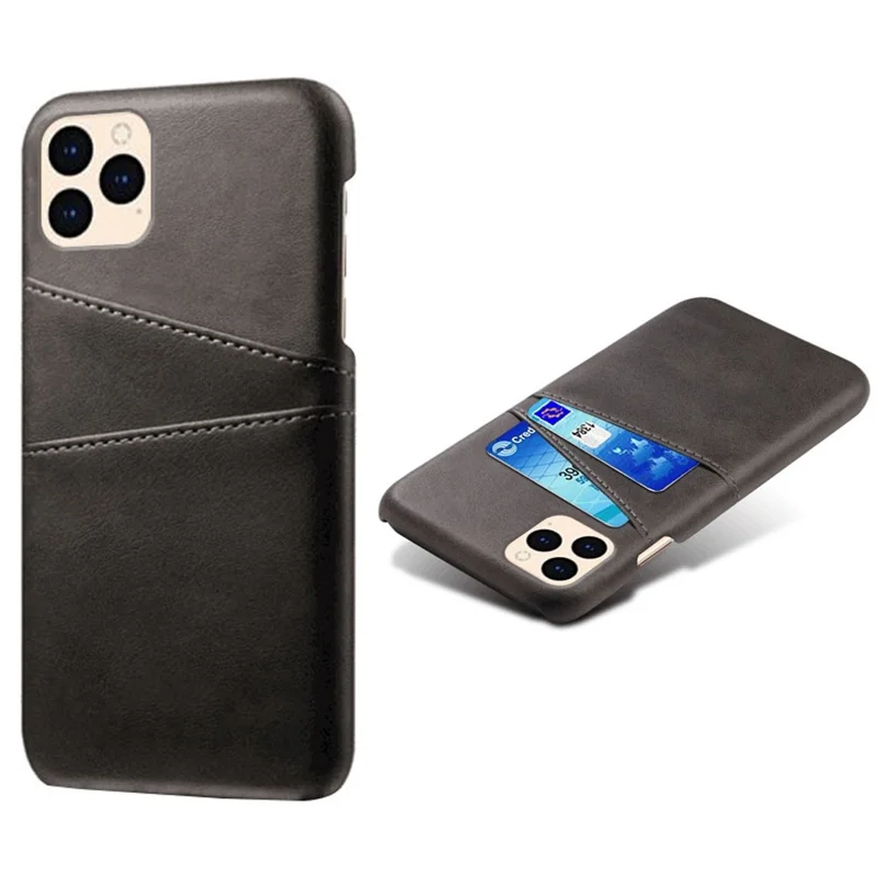 KSQ for iPhone 12 Pro/12 6.1 inch PU Leather Coated Plastic Case, Double Card Slots Design Ultra Slim Protector Shell - Black - 1