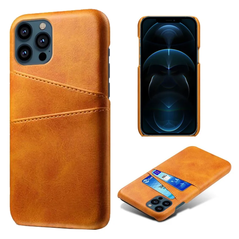 KSQ Dual Card Slots PU Leather Coated PC Phone Case Shell for iPhone 13 Pro Max 6.7 inch - Orange - 1