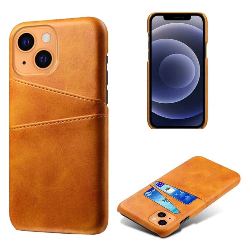 KSQ Back Case for iPhone 13 6.1 inch, Soft Touch PU Leather Coated Hard PC Cover with Dual Card Slots - Orange - 1