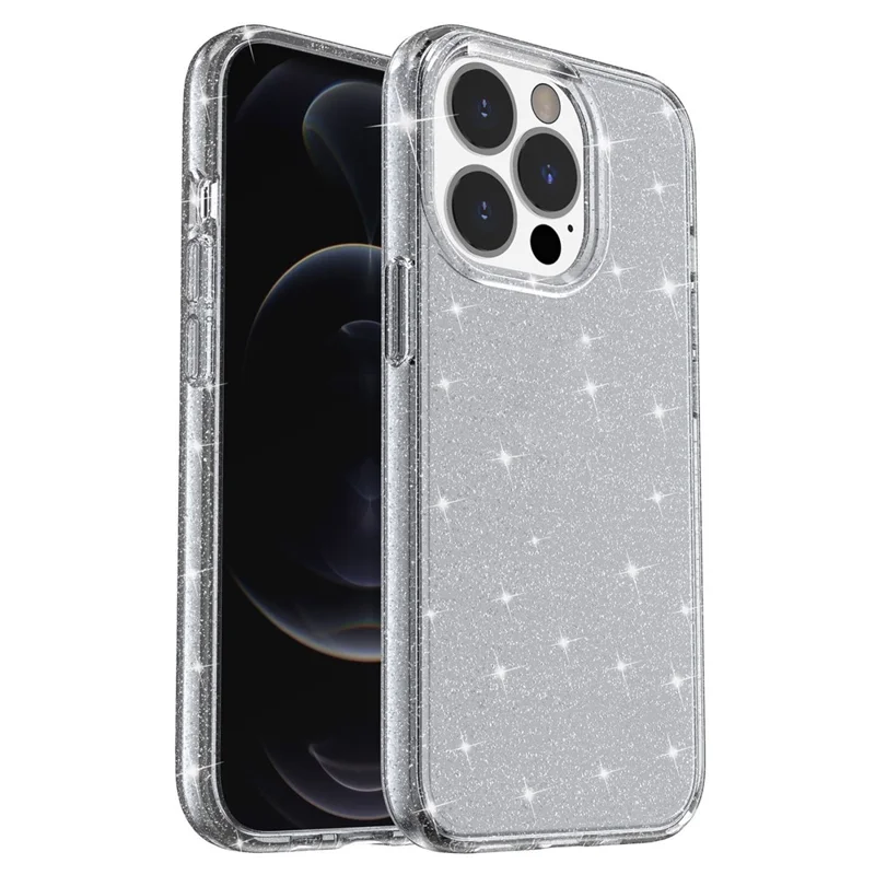 For iPhone 15 Pro Sparkly Glitter Anti-Scratch Case Hard PC + Soft TPU Phone Cover - Grey - 1