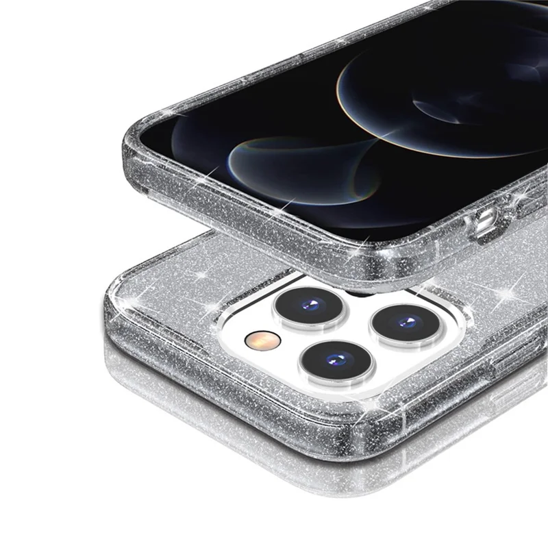 For iPhone 15 Pro Sparkly Glitter Anti-Scratch Case Hard PC + Soft TPU Phone Cover - Grey - 3