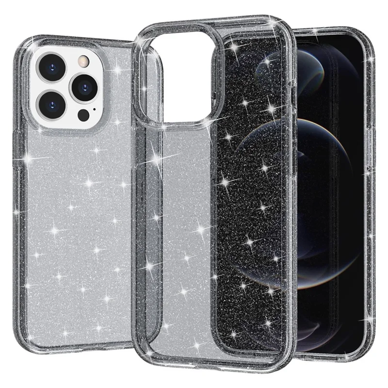 For iPhone 15 Pro Max Sparkly Glitter Protective Case Hard PC + Soft TPU Anti-scratch Phone Cover - Grey - 5