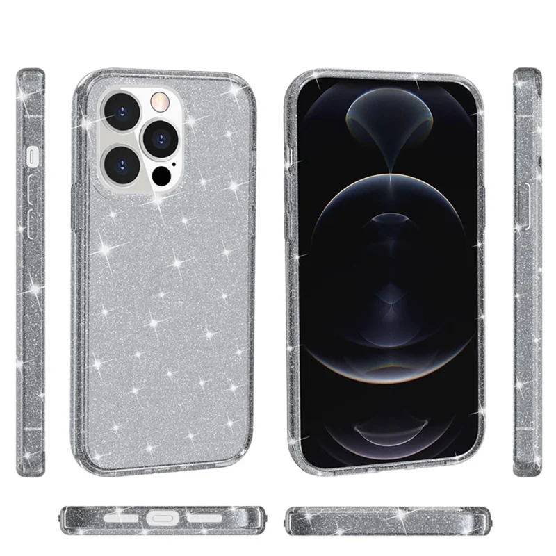 For iPhone 15 Pro Max Sparkly Glitter Protective Case Hard PC + Soft TPU Anti-scratch Phone Cover - Grey - 7