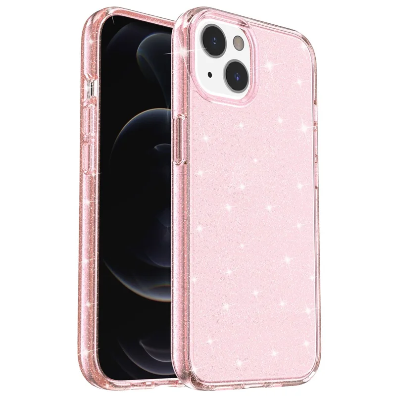 For iPhone 15 Bump Proof Protective Case Sparkly Glitter Hard PC + Soft TPU Phone Cover - Pink - 1