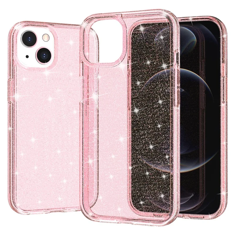 For iPhone 15 Bump Proof Protective Case Sparkly Glitter Hard PC + Soft TPU Phone Cover - Pink - 4