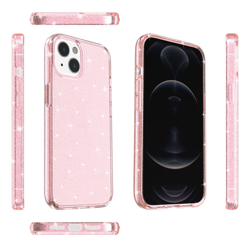 For iPhone 15 Bump Proof Protective Case Sparkly Glitter Hard PC + Soft TPU Phone Cover - Pink - 8