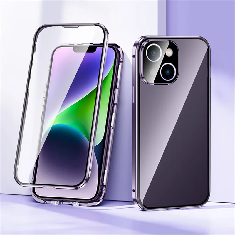 For iPhone 15 Plus Straight Edge Phone Case Double Sides Tempered Glass Metal Frame Magnetic Cover with Buckle - Purple - 2
