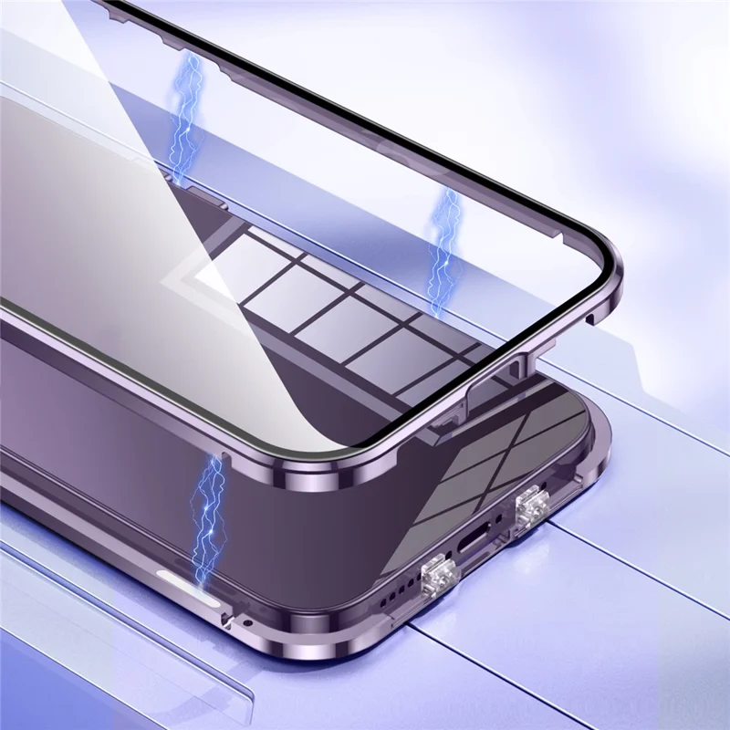 For iPhone 15 Plus Straight Edge Phone Case Double Sides Tempered Glass Metal Frame Magnetic Cover with Buckle - Purple - 3