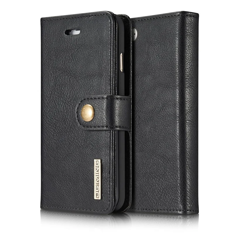 DG.MING Split Leather Wallet Cover with Detachable PC Back Shell for iPhone SE (2020) / SE (2022) / 8 / 7 - Black - 1