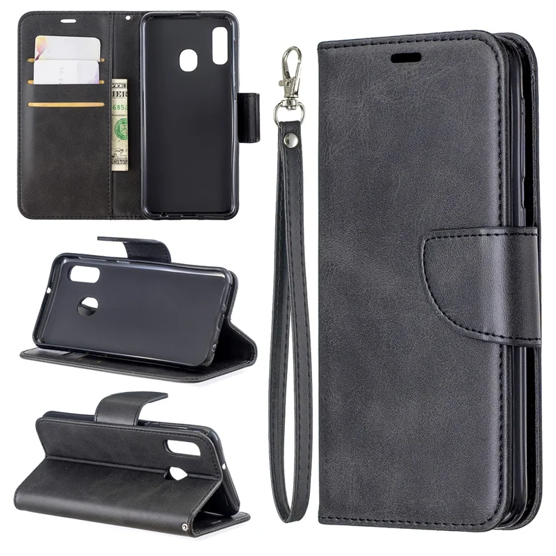 PU Leather Wallet Stand Phone Shell Cover for Samsung Galaxy A20e - Black - 1