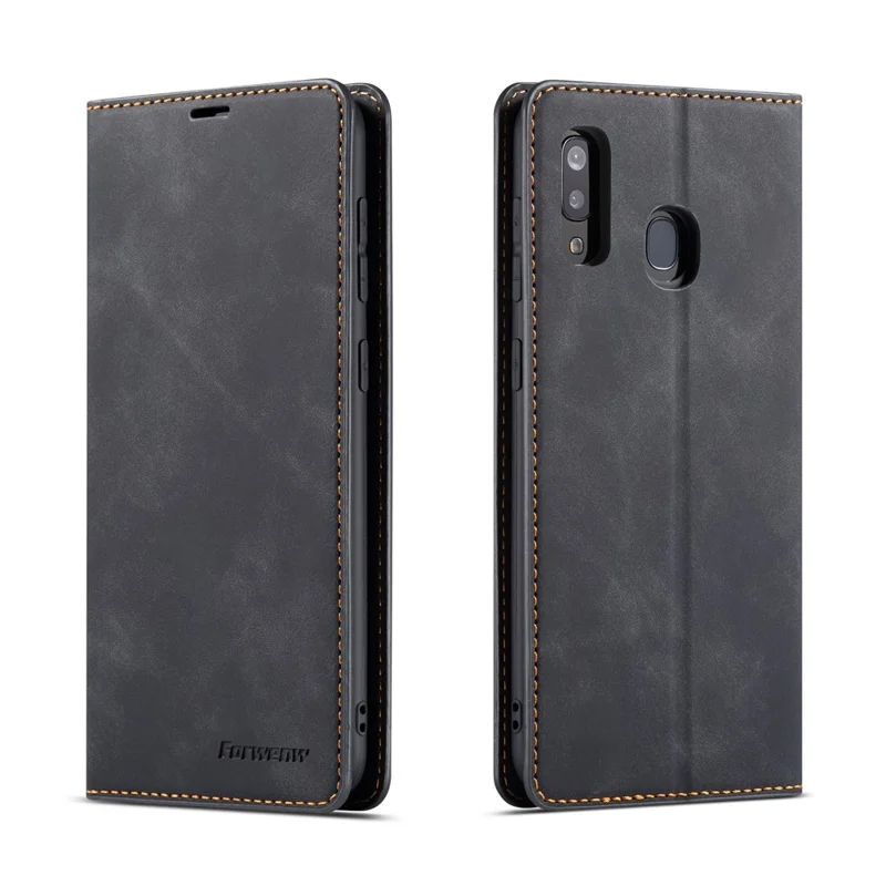 FORWENW for Samsung Galaxy A20e Fantasy Series Auto-absorbed Silky Touch Leather Wallet Cover - Black - 1