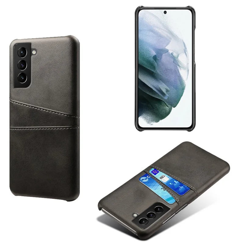 KSQ PU Leather + PC Dual Back Card Slots Design Shockproof Stylish Hard Cover Shell for Samsung Galaxy S22 5G - Black - 1