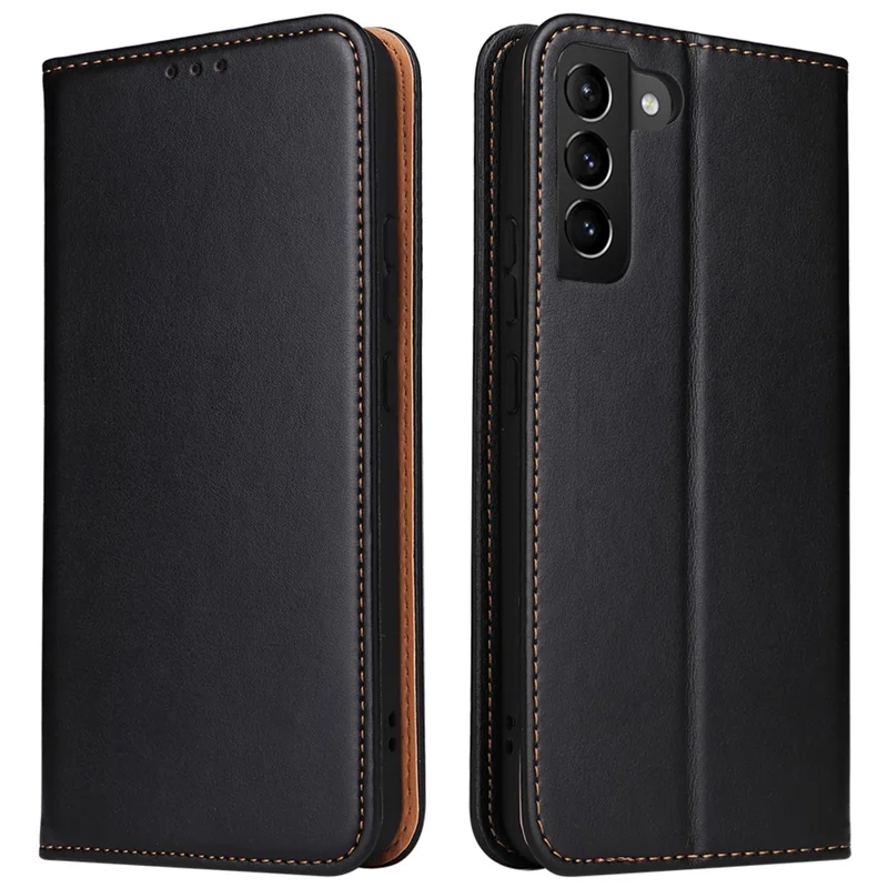 FIERRE SHANN For Samsung Galaxy S22 5G PU Leather + TPU Phone Case Folio Flip Stand Wallet Cellphone Cover - Black - 1
