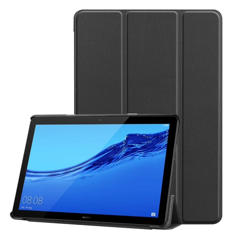 For Huawei Mediapad T5 Cover Trifold Stand PU Leather Tablet Case - Black - 1