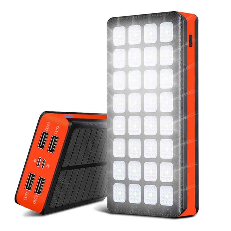 PSOOO PS-900 30000mAh Solar Power Bank Emergency Portable Charger External Battery Pack with 4 Output and Dual Input 32 LEDs Flashlight - Black / Orange - 1