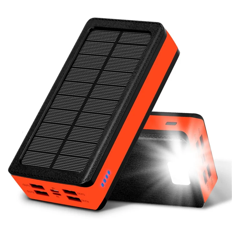 PSOOO PS-400 30000mAh Power Bank Portable Phone Solar Charger with LED Camping Light (4 Output + 2 Input) - Black / Orange - 1