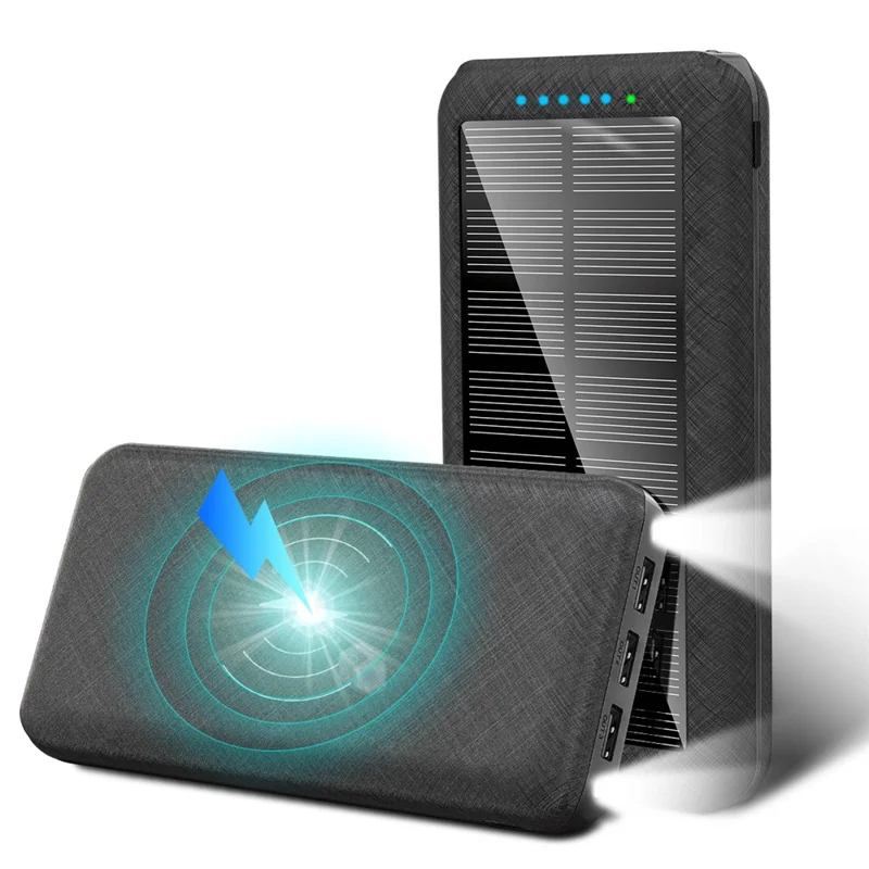 PSOOO PS-157 30000mAh Solar Power Bank with LED Flashlight Phone Charger Support Wireless Charging - Black - 1