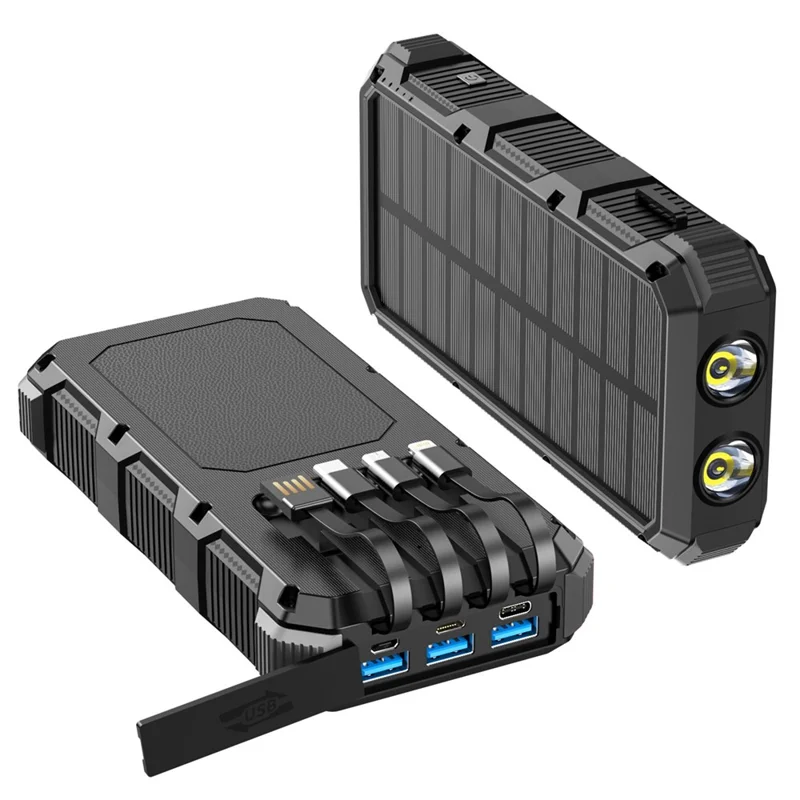 PSOOO M2 20000mAh 8-Output + 4-Input Solar Charging Phone External Battery Built-in 4-Cable Wireless Charging Power Bank with LED Flashlight - Black - 1