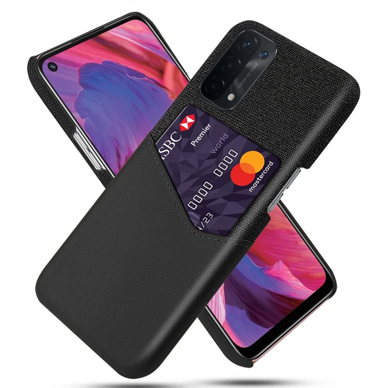 KSQ Cloth Texture Leather Coated Hard PC Back Cover with Card Holder for Oppo A74 5G/A54 5G/A93 5G - Black - 1
