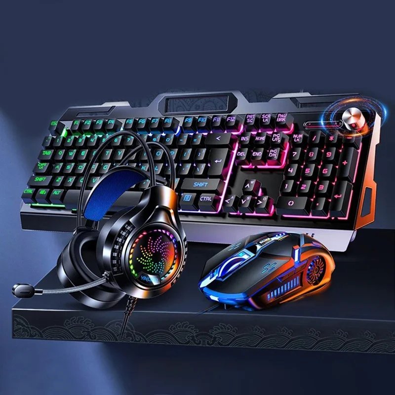 YINDIAO V2G5 Wired Metal Panel Keyboard + Mouse + Headphones + Mouse Pad Computer Accessories Set - Black Keyboard / Colorful Light - 1