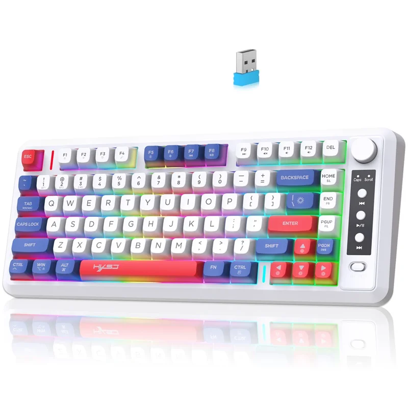 HXSJ L400 81 Keys Membrane Keyboard 2.4G + Bluetooth-compatible Tri-Mode Wireless Keyboard with RGB Backlit - Blue+White+Red - 1