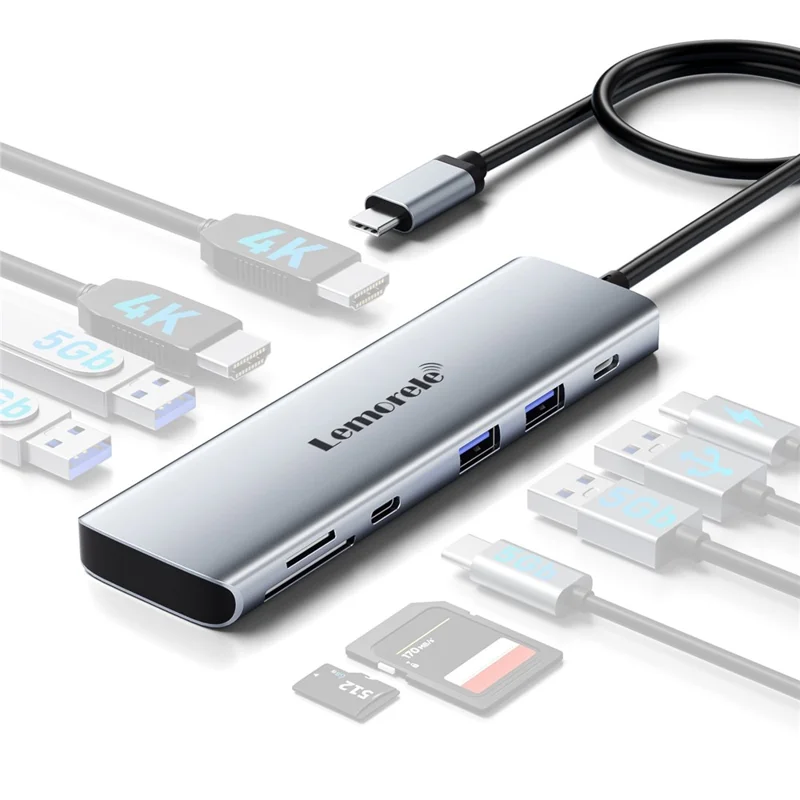 LEMORELE TC91 10 in 1 USB-C Hub Dual 4K / 30Hz HD PD100W Fast Charging USB 3.0 Docking Station SD / TF Card Reader - Silver Grey - 1
