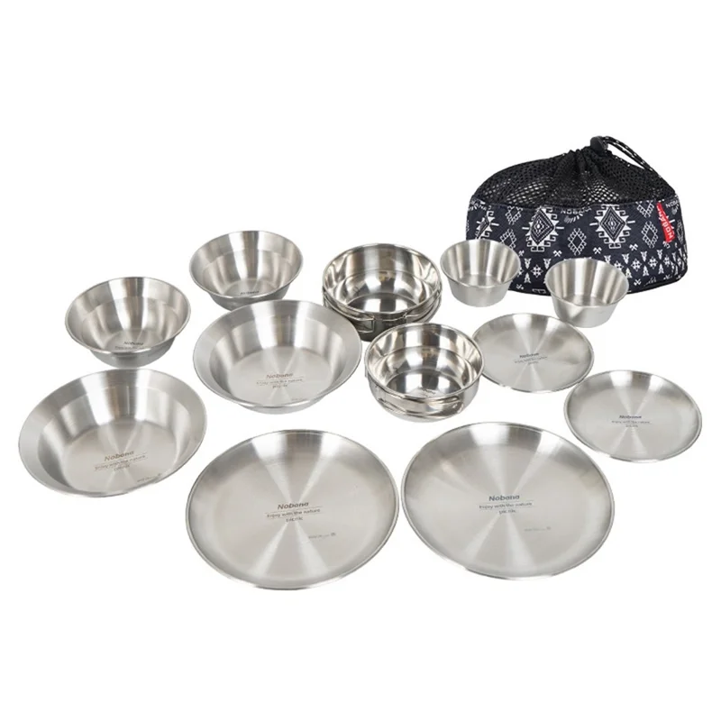 NOBANA 12PCS Reusable Camping Home Bowls BBQ Plates Hiking Picnic Dinnerware Stainless Steel Dishes Cutlery with Storage Bag (BPA-Free, No FDA Certification) - 1