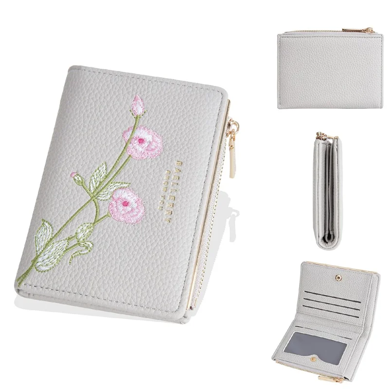BAELLERRY N8344 Small Wallet Floral Embroidery PU Leather Zipper Pocket Coin Purse Card Holder - White - 1