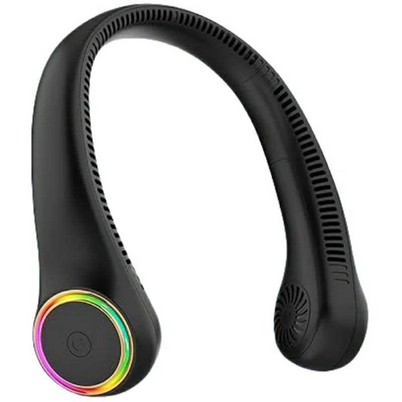 3 Speeds Portable Neck Fan Bladeless USB Rechargeable Hands Free Fan with LED Lights - F6 / Black - 1