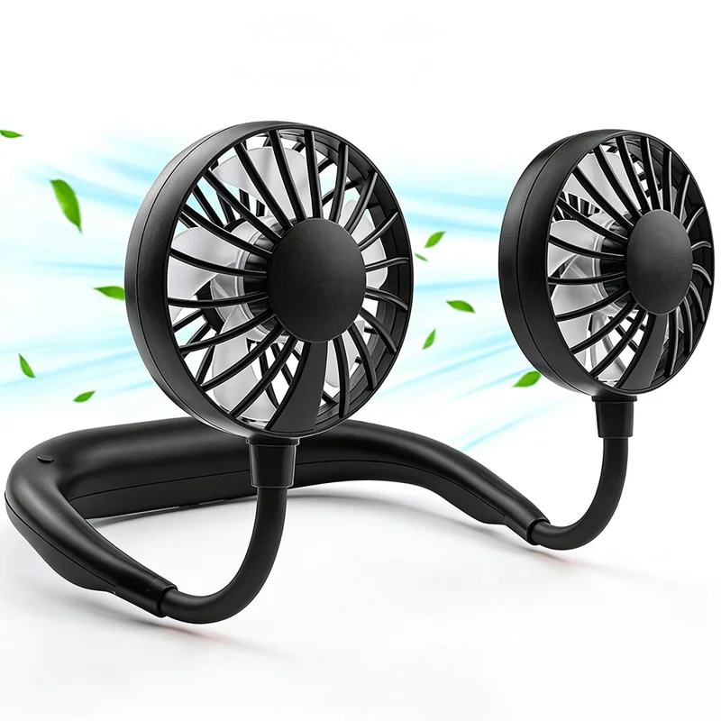 ZY-A2 3-Speed Adjustable Neck Fan Hands Free Wearable Dual Head Fan for Outdoor Sports - Black - 1