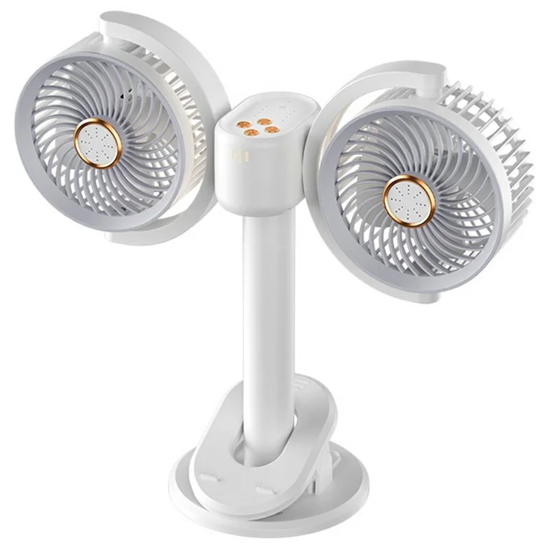 Dual Head Desktop Fan Clip Wall Mount Stand 4-Speed LED Light Aromatherapy Timer USB-C Charging Clamp Fan - White - 1