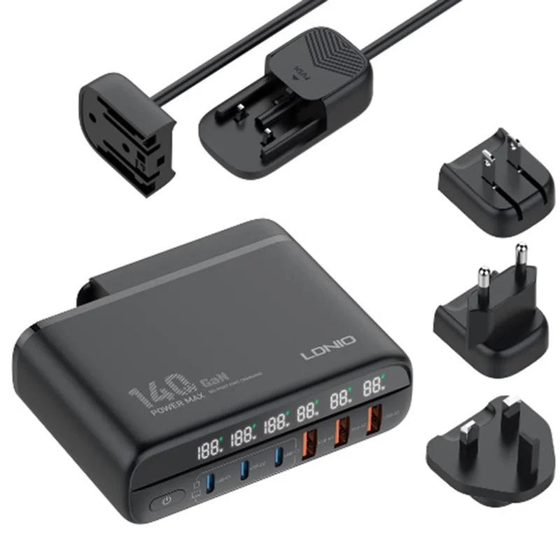 LDNIO A6140C 140W GaN Charger Digital Display 6 USB Ports Fast Charging Station with 3Pcs Replaceable Plugs for Laptop Phone - Black - 1
