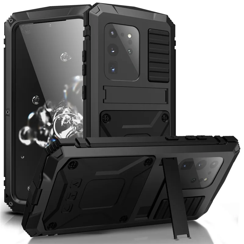 R-JUST For Samsung Galaxy S20 Ultra Metal + Silicone + PC Phone Case Kickstand Full Cover Shell with Tempered Glass Film - Black - 1