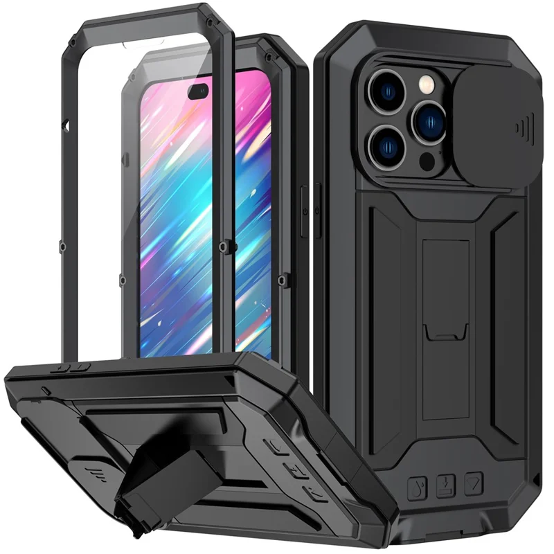 R-JUST For iPhone 14 Pro 6.1 inch Slide Camera Cover Silicone + Metal + Tempered Glass Screen Protector Phone Case Kickstand Design Waterproof Anti-drop Cover - Black - 1