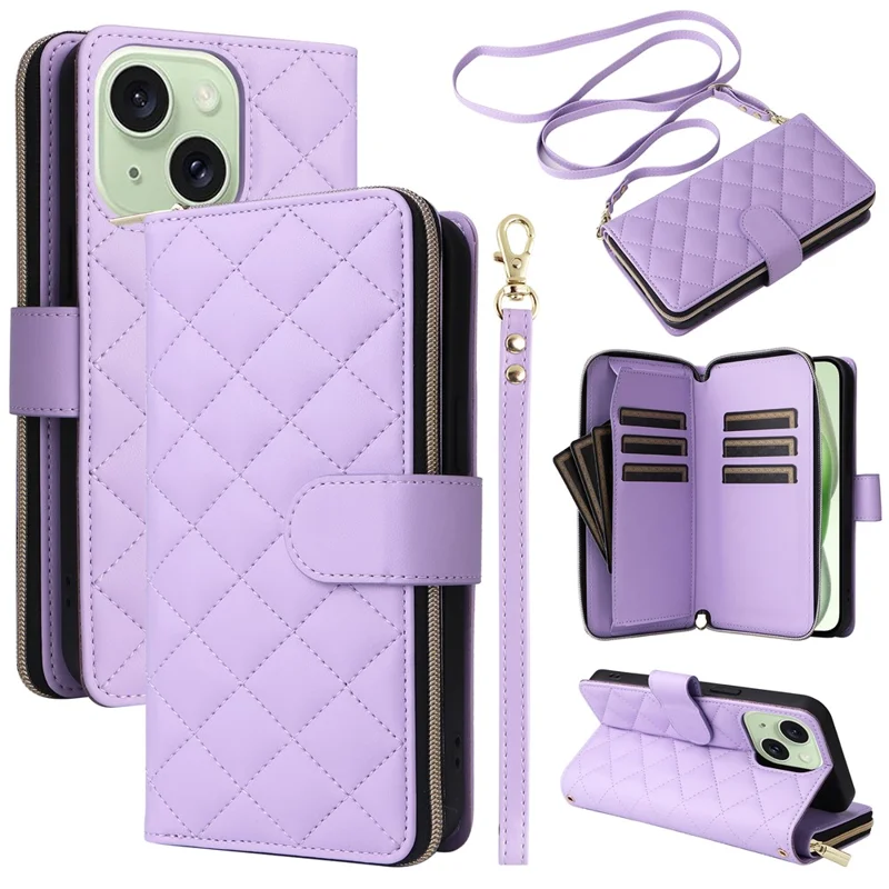 For iPhone 15 Plus / 14 Plus Case Wallet PU Leather Rhombus Stand Anti-Fall Phone Cover - Purple - 1
