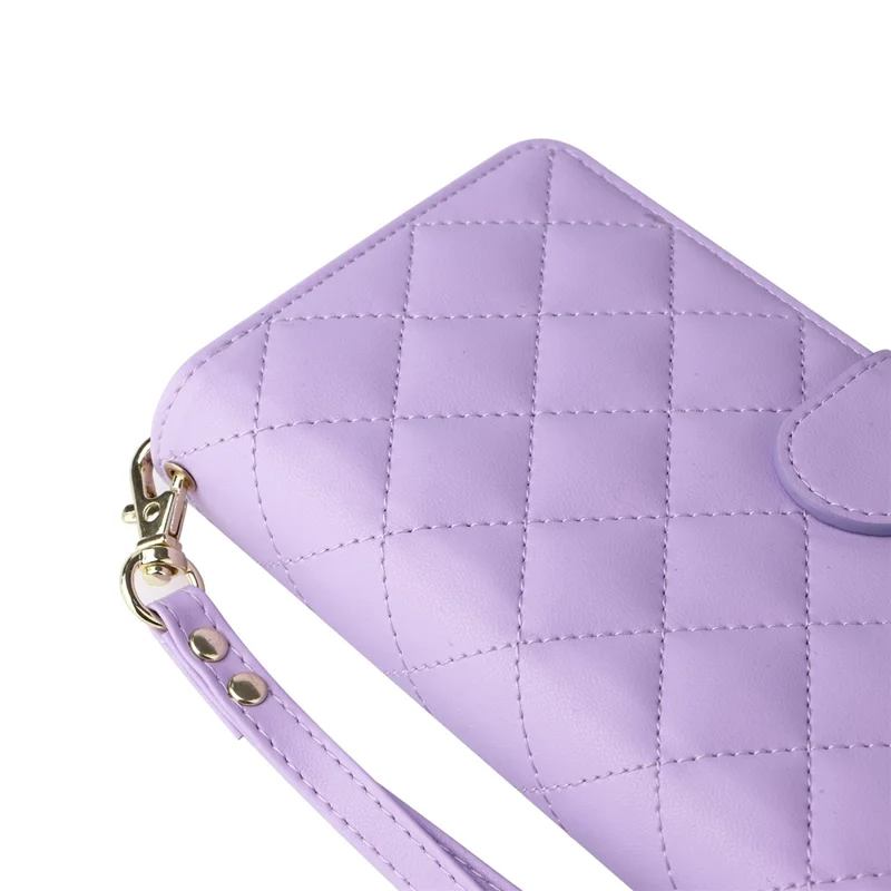 For iPhone 15 Plus / 14 Plus Case Wallet PU Leather Rhombus Stand Anti-Fall Phone Cover - Purple - 10