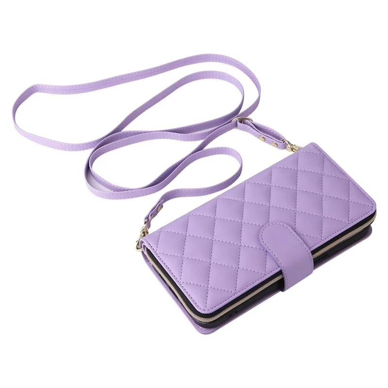 For iPhone 15 Plus / 14 Plus Case Wallet PU Leather Rhombus Stand Anti-Fall Phone Cover - Purple - 11