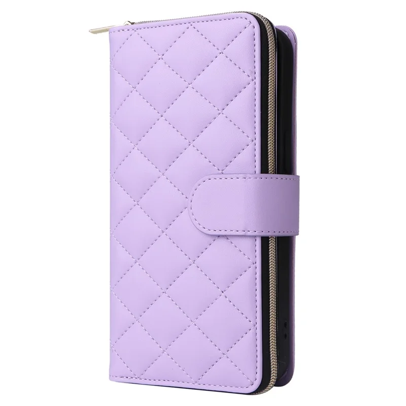 For iPhone 15 Plus / 14 Plus Case Wallet PU Leather Rhombus Stand Anti-Fall Phone Cover - Purple - 12