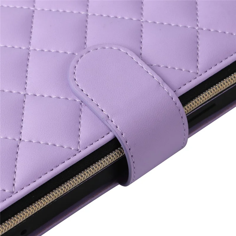For iPhone 15 Plus / 14 Plus Case Wallet PU Leather Rhombus Stand Anti-Fall Phone Cover - Purple - 9