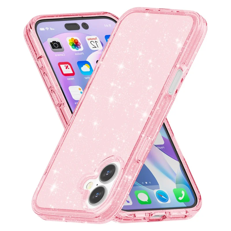 For iPhone 16 Plus Case Sparkly Glitter PC+TPU Phone Cover - Pink - 5