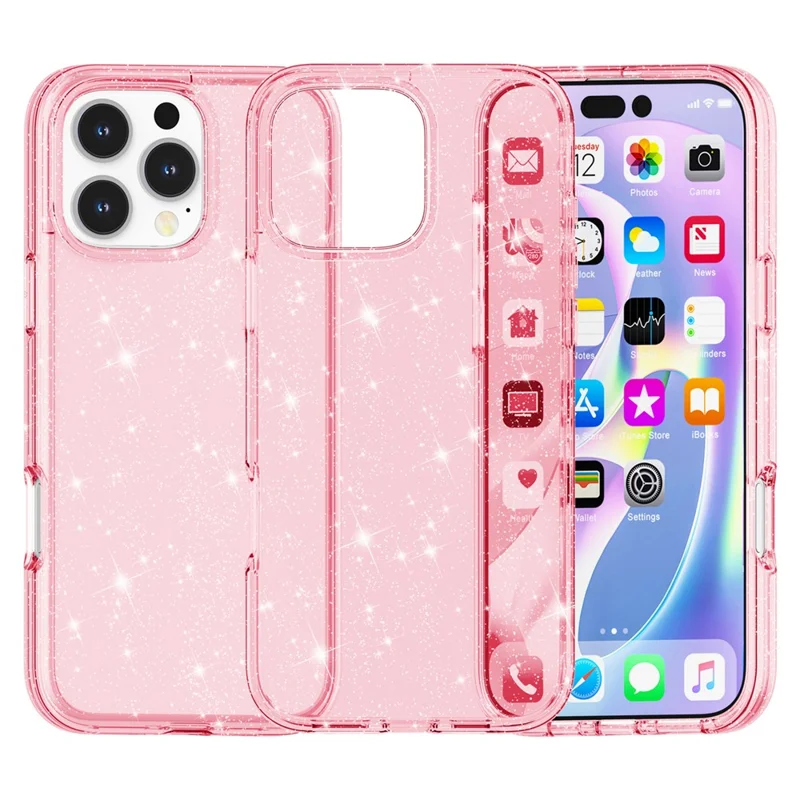For iPhone 16 Pro Max Case Anti-Scratch PC+TPU Sparkly Glitter Phone Cover - Pink - 1
