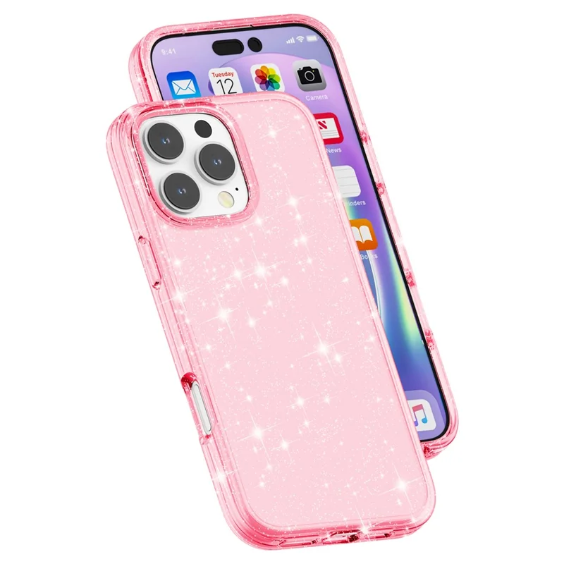 For iPhone 16 Pro Max Case Anti-Scratch PC+TPU Sparkly Glitter Phone Cover - Pink - 6