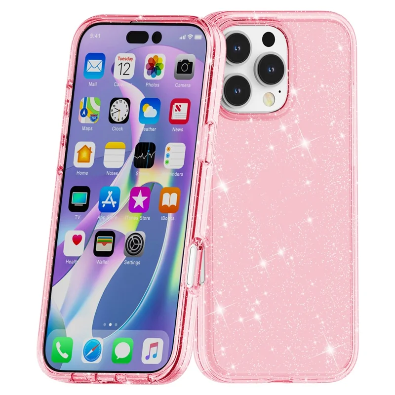 For iPhone 16 Pro Max Case Anti-Scratch PC+TPU Sparkly Glitter Phone Cover - Pink - 7